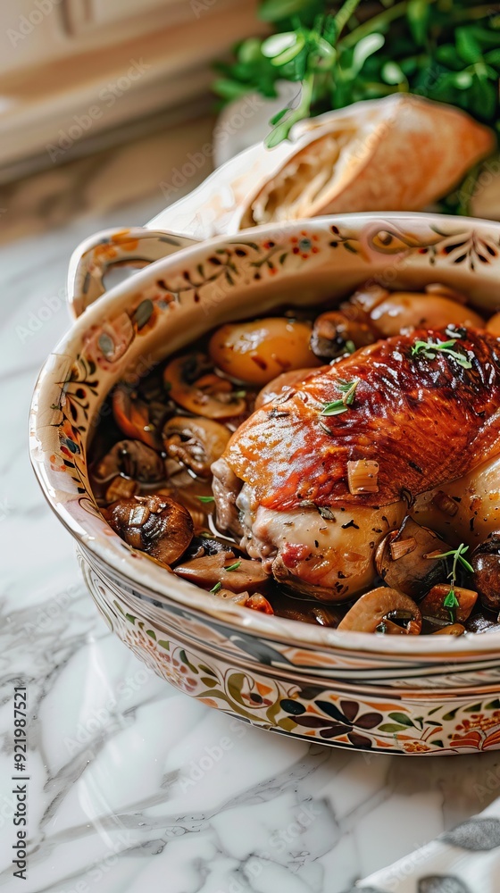 Coq au vin - French dish of chicken, baconm mushrooms and vegetables braised with red wine. AI generated illustration Coq au vin - French dish of chicken, baconm mushrooms and vegetables braised with red wine. AI generated illustration
