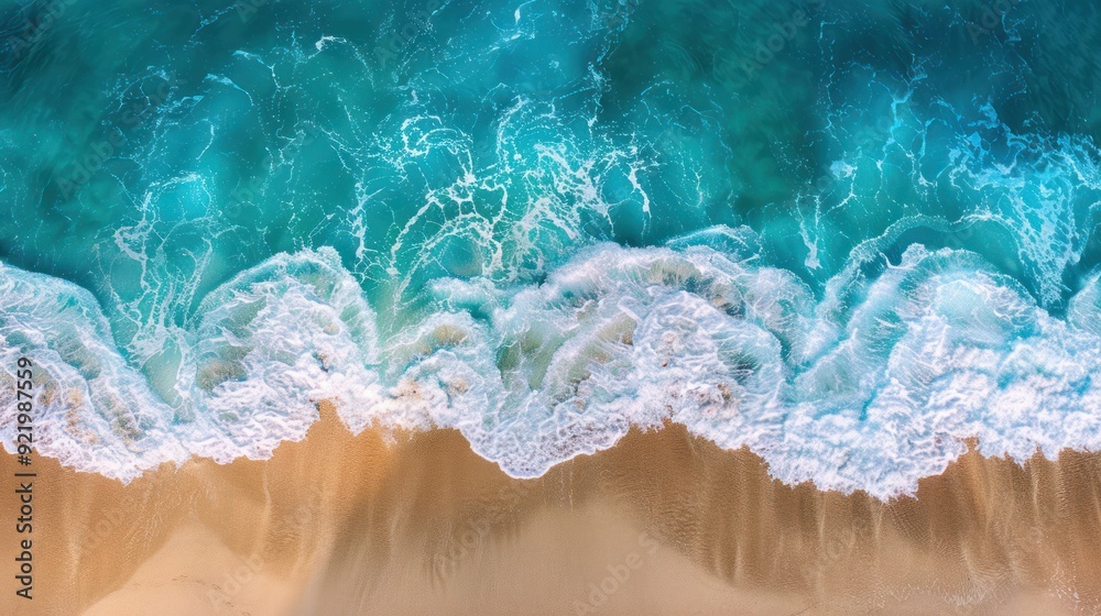 A pristine beach with waves crashing in repetitive patterns along the shore, seen from above A pristine beach with waves crashing in repetitive patterns along the shore, seen from above