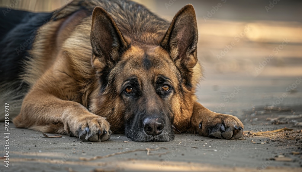German Shepherd resting on a sunlit pavement in the afternoon