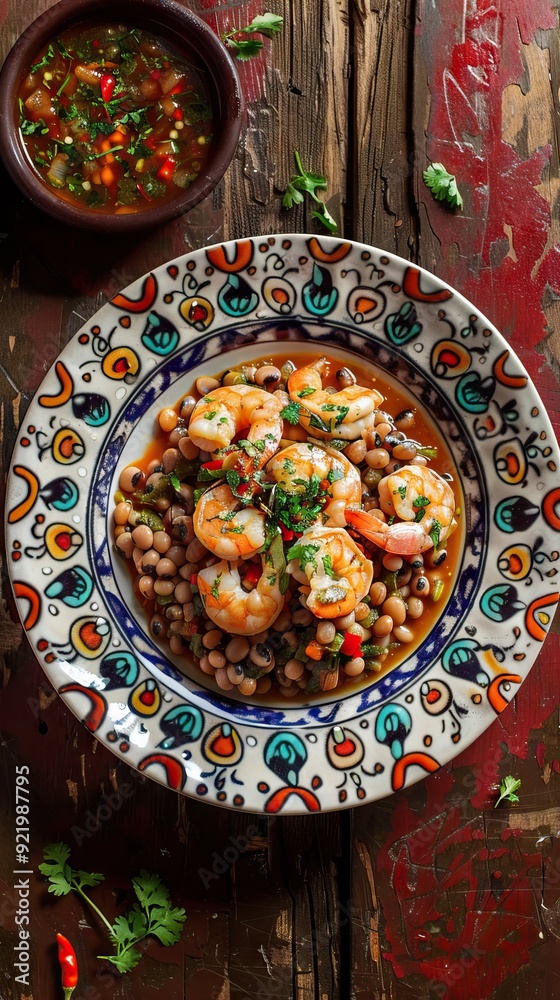 custom made wallpaper toronto digitalWhite Bean, Tomato, Fennel and Shrimp Dinner on white plate on white wooden table, close-up. AI generated illustration