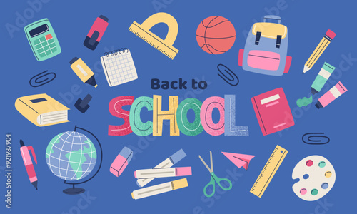 Children school elements with lettering. Set of school supplies and hand drawn text. Vector illustration in flat style