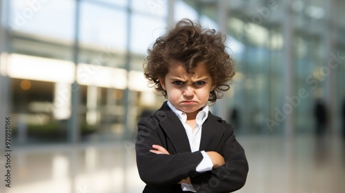 Furious young boy with crossed arms, plain background for adding text or copy space