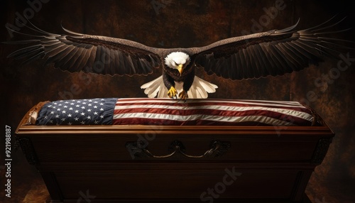 Bald eagle perched guard over a casket draped in an American flag during a solemn tribute