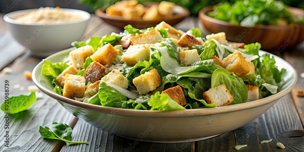 Close-up of a fresh Caesar salad, healthy, nutritious, green, lettuce, parmesan, dressing, food, meal, appetizer Close-up of a fresh Caesar salad, healthy, nutritious, green, lettuce, parmesan, dressing, food, meal, appetizer