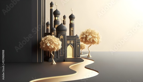 black and gold masjid 3d render photo