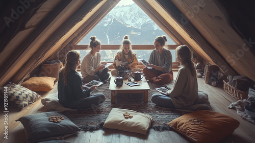  In a bright attic with windows overlooking the mountains, five women gathered on soft cushions around a low table. Over cups of tea and cookies, they happily discuss their recent trip, sharing photos