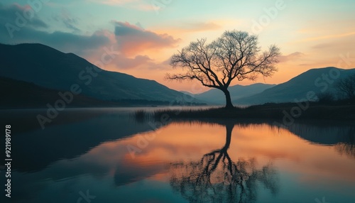 Lonely tree at sunset reflecting on calm lake in mountainous landscape