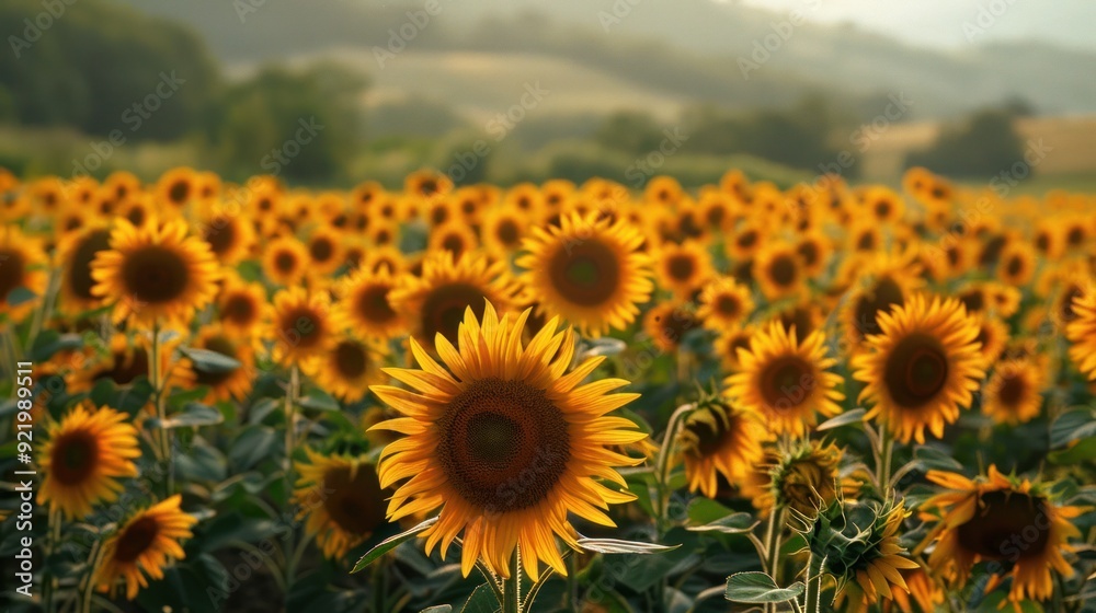 A field of sunflowers in full bloom, the uniformity and color creating a striking pattern A field of sunflowers in full bloom, the uniformity and color creating a striking pattern