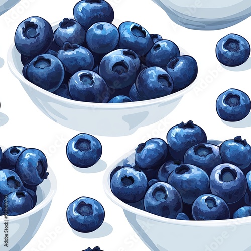 Fresh blueberries in white bowls arranged on a light background Seamless pattern