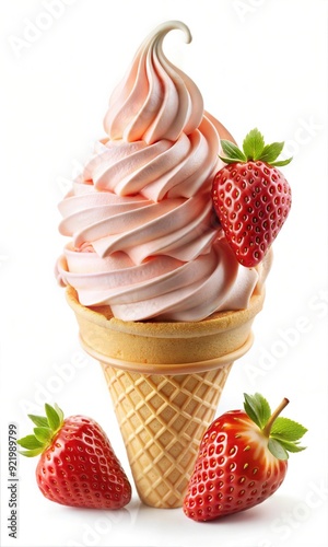 Strawberry and Vanilla Flavour Ice Cream Cone with Swirls and Whipped Delights with Toppings: A Cold and Creamy Frozen Dessert in a Crispy Wafer
