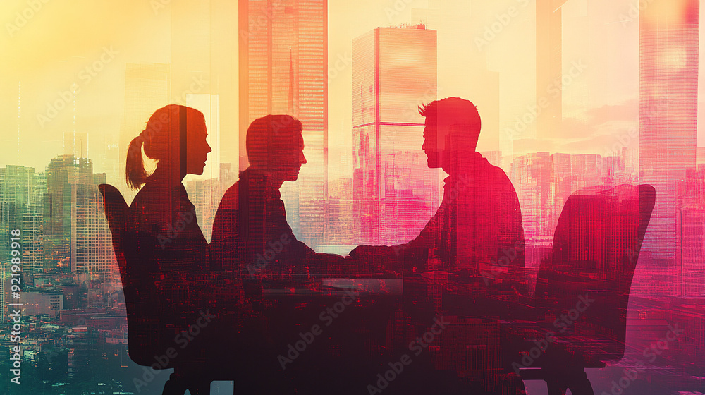 Business people standing inside skyscraper office gazing at cityscape through large windows with double exposure effect and sunset light reflecting on the floor Business people standing inside skyscraper office gazing at cityscape through large windows with double exposure effect and sunset light reflecting on the floor