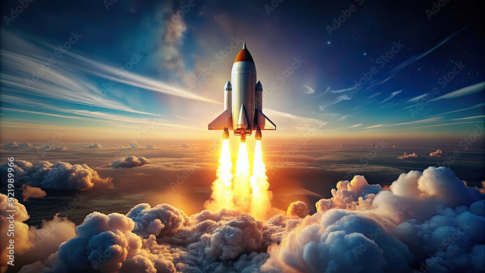Naklejka premium Rocket ship soaring high in the sky symbolizing innovation and growth, innovation, growth, progress, technology