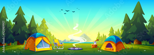 Camp tent with chair and campfire, axe in wood stump in forest with green spruce trees and grass, mountains on horizon, lake or river and bird in blue sky on sunrise. Cartoon vector eco tourism.