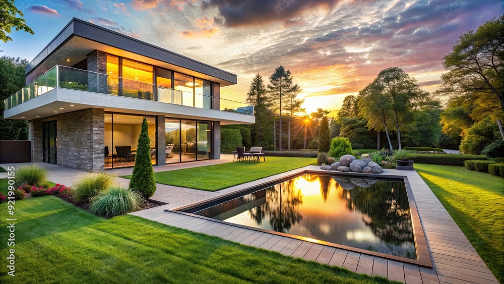 Modern house with terrace and spacious green lawn in front Modern house with terrace and spacious green lawn in front