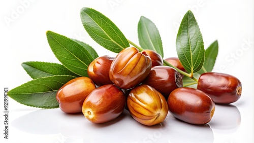 Fototapeta Naklejka Na Ścianę i Meble -  Ripe jojoba fruits with leaves isolated on white background, jojoba, fruits, leaves, isolated, white background