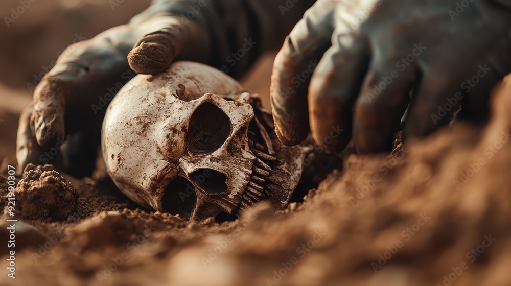 An archaeologist's hands are gently uncovering a human skull from the dirt, showcasing the meticulous work in archaeology and the discovery of ancient human remnants. An archaeologist's hands are gently uncovering a human skull from the dirt, showcasing the meticulous work in archaeology and the discovery of ancient human remnants.