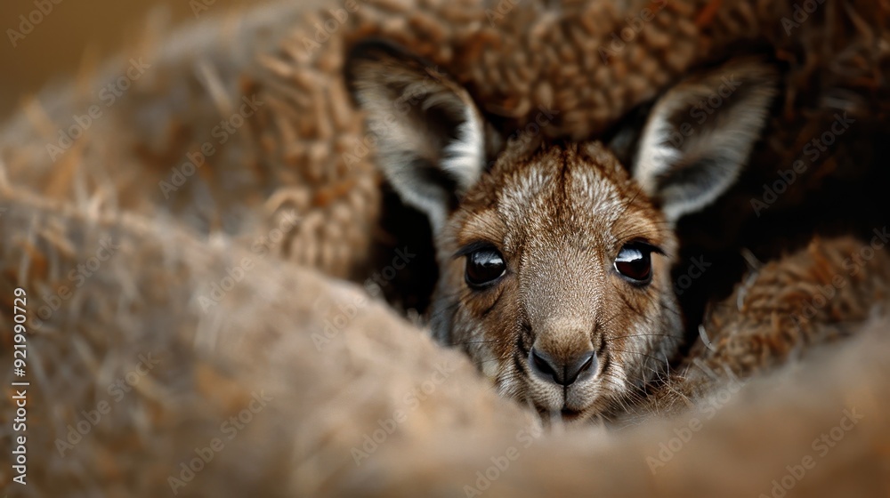 A close-up image of an adorable kangaroo joey snugly nestled and peeking out from a warm, cozy blanket, capturing the innocence and cuteness of the young marsupial in its safe haven. A close-up image of an adorable kangaroo joey snugly nestled and peeking out from a warm, cozy blanket, capturing the innocence and cuteness of the young marsupial in its safe haven.
