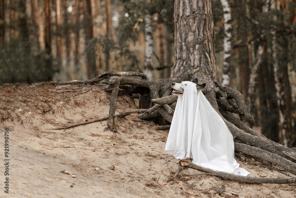 Playful Dog in Ghost Costume for Halloween in Autumn Forest Playful Dog in Ghost Costume for Halloween in Autumn Forest