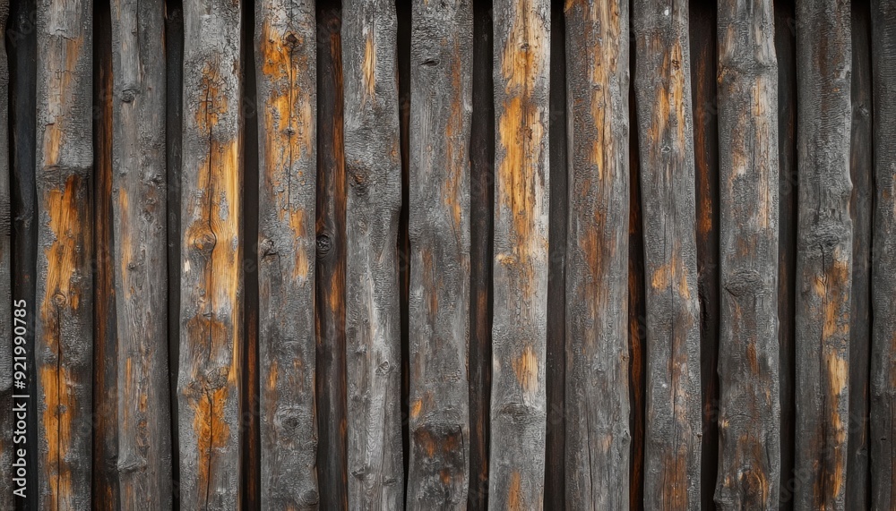Rustic wooden fence made of vertical logs with natural weathered texture Rustic wooden fence made of vertical logs with natural weathered texture