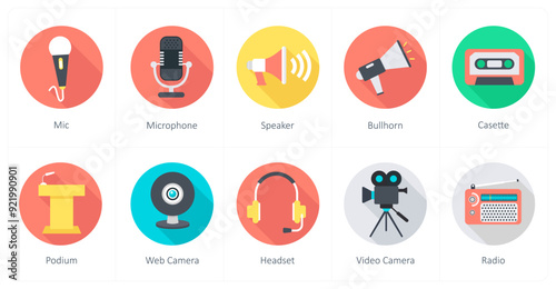 A set of 10 Communication icons as mic, microphone, speaker
