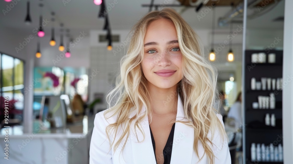 A blonde woman stands confidently in a modern, stylish salon with vibrant lighting and contemporary decor, providing a welcoming atmosphere for clients. A blonde woman stands confidently in a modern, stylish salon with vibrant lighting and contemporary decor, providing a welcoming atmosphere for clients.