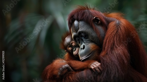 A touching moment where a mother orangutan hugs her baby in the dense, green rainforest, depicting the strong bond and tenderness between parent and child in nature.