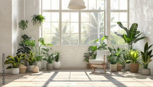 Bright indoor garden with various plants and a chair in a sunlit room