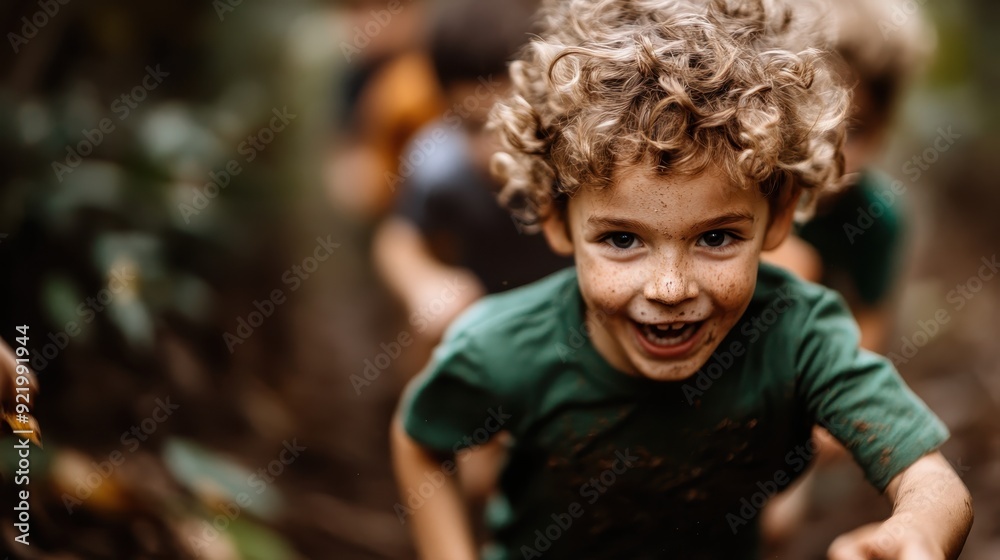A young child with curly hair running energetically outdoors, covered in dirt, illustrates the pure joy, vitality, and free-spirited nature of childhood surrounded by the wild. A young child with curly hair running energetically outdoors, covered in dirt, illustrates the pure joy, vitality, and free-spirited nature of childhood surrounded by the wild.