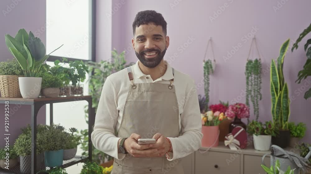 Hispanic man using smartphone indoors at flower shop surrounded by diverse plants and flowers. Hispanic man using smartphone indoors at flower shop surrounded by diverse plants and flowers.