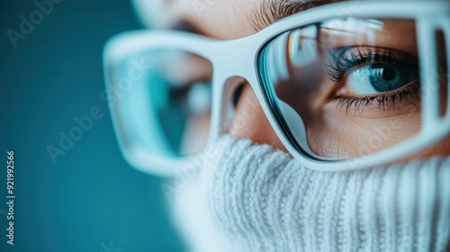 A detailed close-up shot of a person wearing stylish glasses and a knit mask, emphasizing eye detail, fashion, and contemporary protective measures in a modern setting. photo