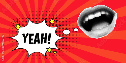 Halftone collage vintage banner, open mouth and speech bubble, expressive inscription yeah, cloud and explosion in a comic style. Paper cut elements, pop art style, bright red background.