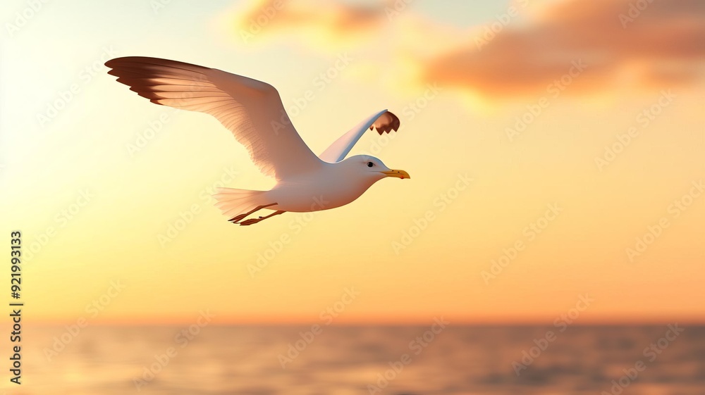 Fototapeta premium A seagull gracefully flying over the shimmering sea at sunset, capturing the essence of freedom and tranquility in nature.