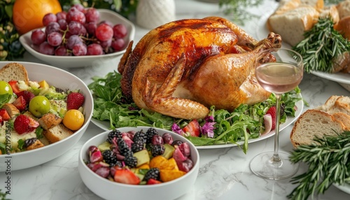 A beautifully arranged Thanksgiving feast featuring a roasted turkey and various side dishes