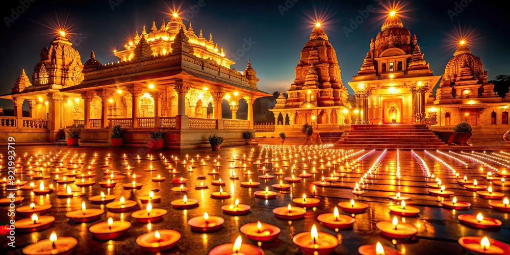 Fototapeta premium Temple glow during Diwali celebrations, Temple, Glow, Illumination, Diwali, Celebration, Lights, Festival, Traditional