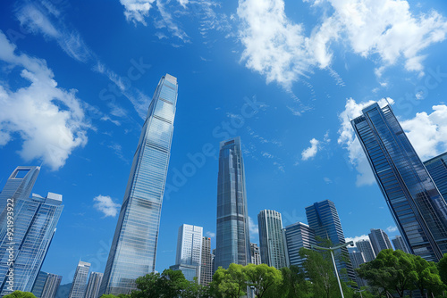 Skyscrapers Viewed from Below with Blue Sky and White Clouds