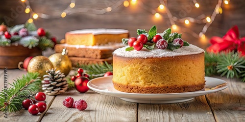 Homemade sponge cake with Christmas decor in the background, sponge cake, homemade, delicious, dessert, holiday, Christmas, baking