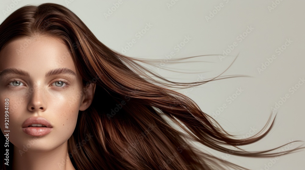A woman with flowing brown hair gazes forward, her elegant and refined appearance underscored by the soft lighting and the smooth, glossy texture of her hair. A woman with flowing brown hair gazes forward, her elegant and refined appearance underscored by the soft lighting and the smooth, glossy texture of her hair.