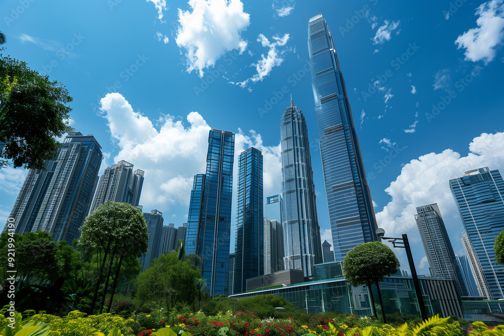 Skyscrapers Viewed from Below with Blue Sky and White Clouds Skyscrapers Viewed from Below with Blue Sky and White Clouds