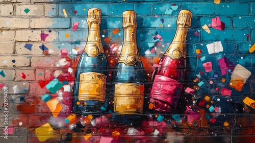 Colorful graffiti of champagne bottles celebrating on brick wall