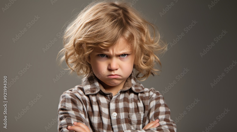 Angry little boy with crossed arms in a plain background, providing ample space for text placement Angry little boy with crossed arms in a plain background, providing ample space for text placement