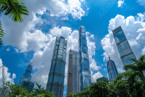 Skyscrapers Viewed from Below with Blue Sky and White Clouds