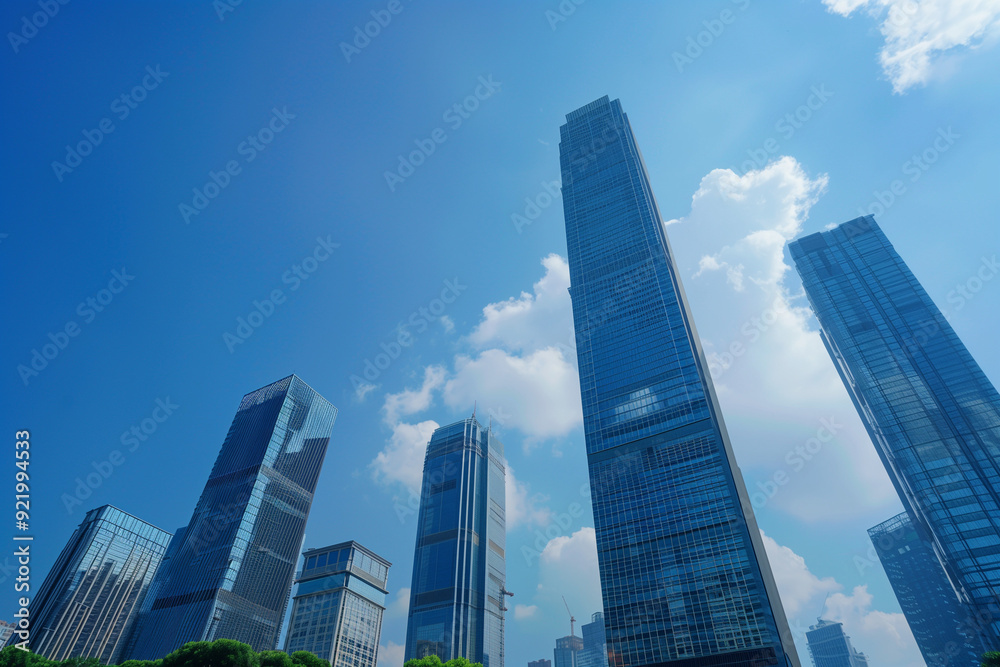 Skyscrapers Viewed from Below with Blue Sky and White Clouds Skyscrapers Viewed from Below with Blue Sky and White Clouds