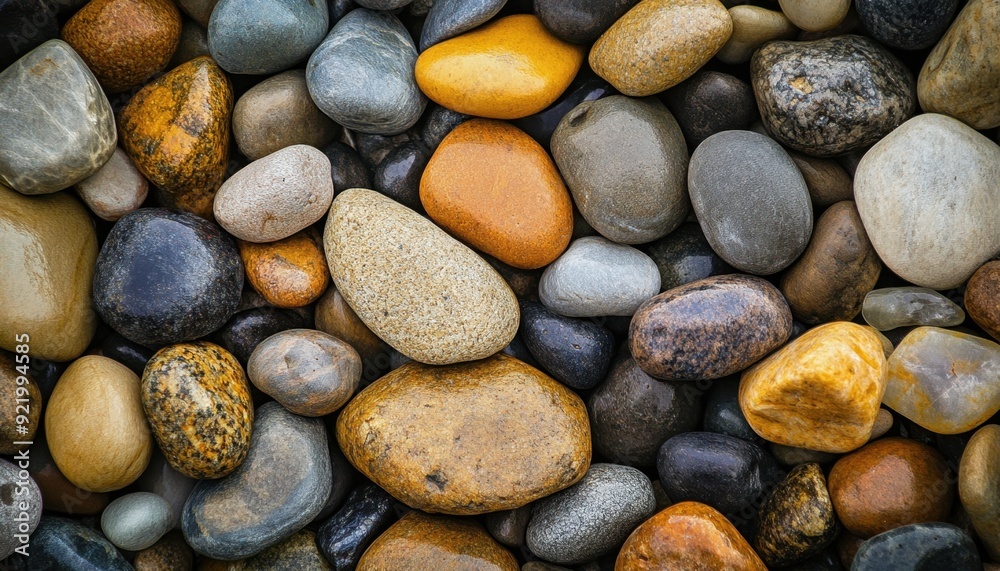 Smooth river stones in various colors arranged naturally on a riverbank at midday Smooth river stones in various colors arranged naturally on a riverbank at midday