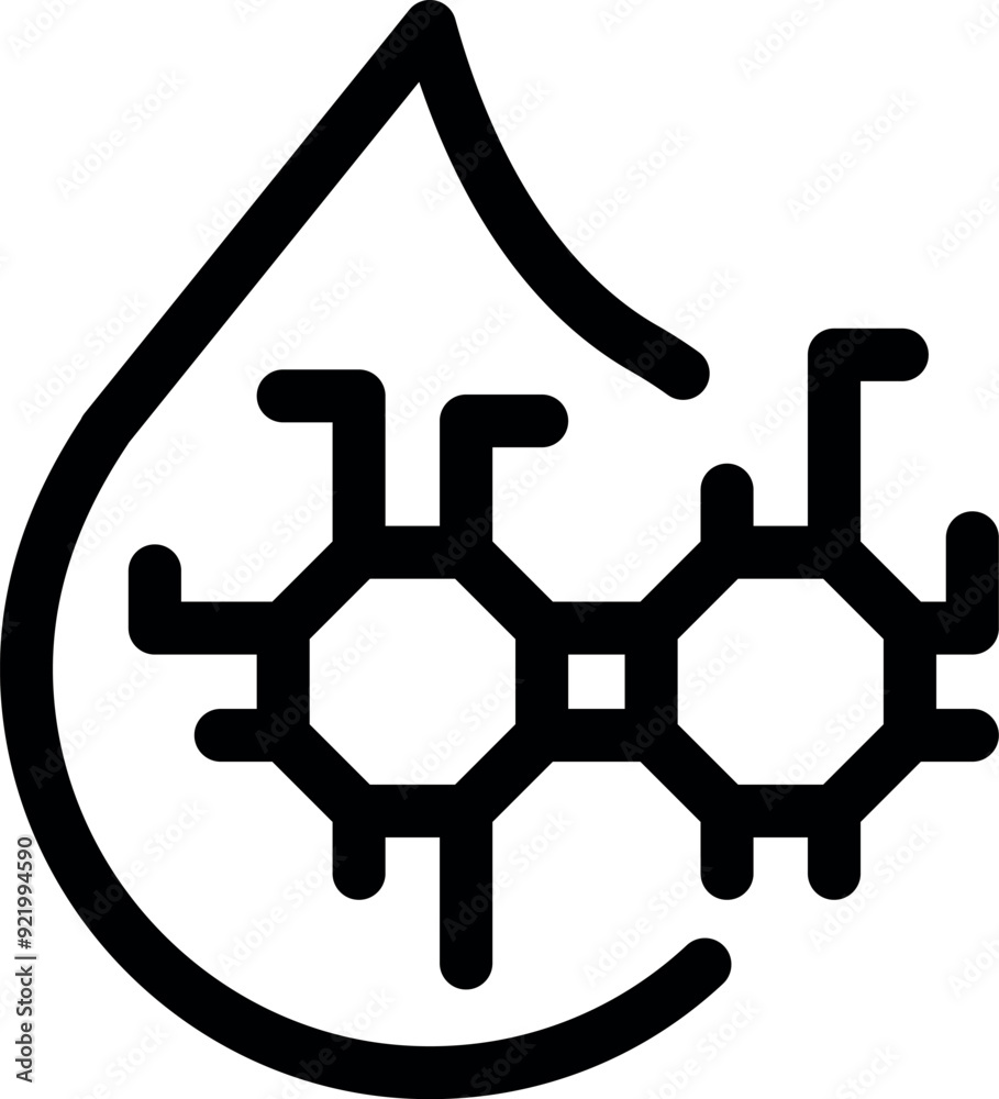 Thick black outline of a water drop containing a simple molecular structure, perfect for scientific imagery Thick black outline of a water drop containing a simple molecular structure, perfect for scientific imagery