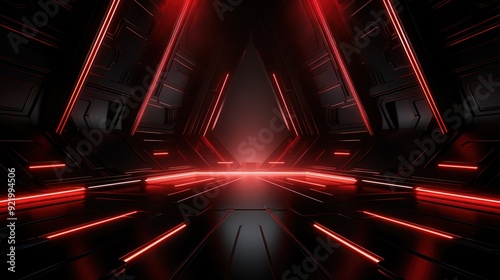 Futuristic dark room with red neon light.