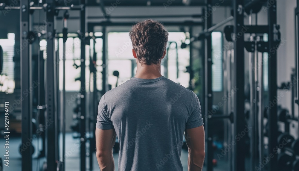 Young man preparing for workout in modern gym during daylight hours Young man preparing for workout in modern gym during daylight hours