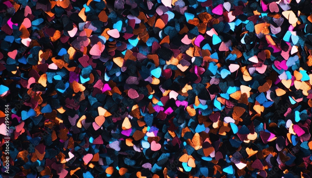Colorful heart-shaped confetti scattered on a dark background for a festive celebration Colorful heart-shaped confetti scattered on a dark background for a festive celebration