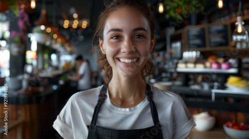 A cheerful barista stands smiling in a cozy and inviting café, with a background bustling with activity and warm lights enhancing the welcoming atmosphere.