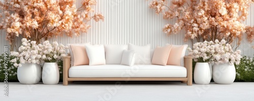 Chic Cityscape Outdoor Design Modern Sofa, White Wall, and Lush Greenery, Perfect for Minimalist Living