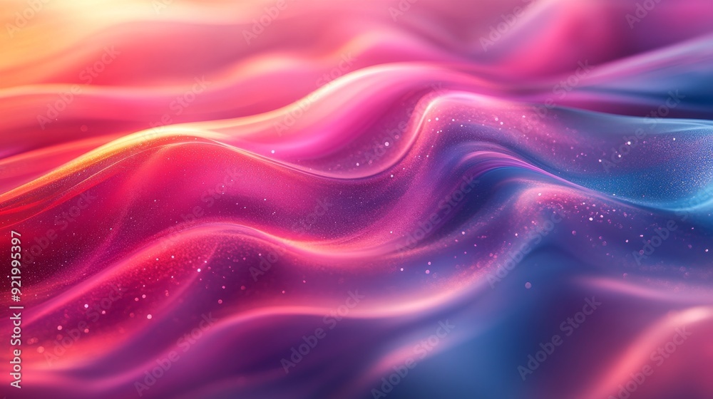 Abstract pink and blue waves flowing with sparkling particles
